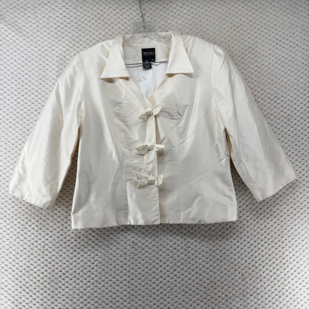 Bigio Collection Silk Blend Bow Detail Jacket Womens Size 14 Ivory‎